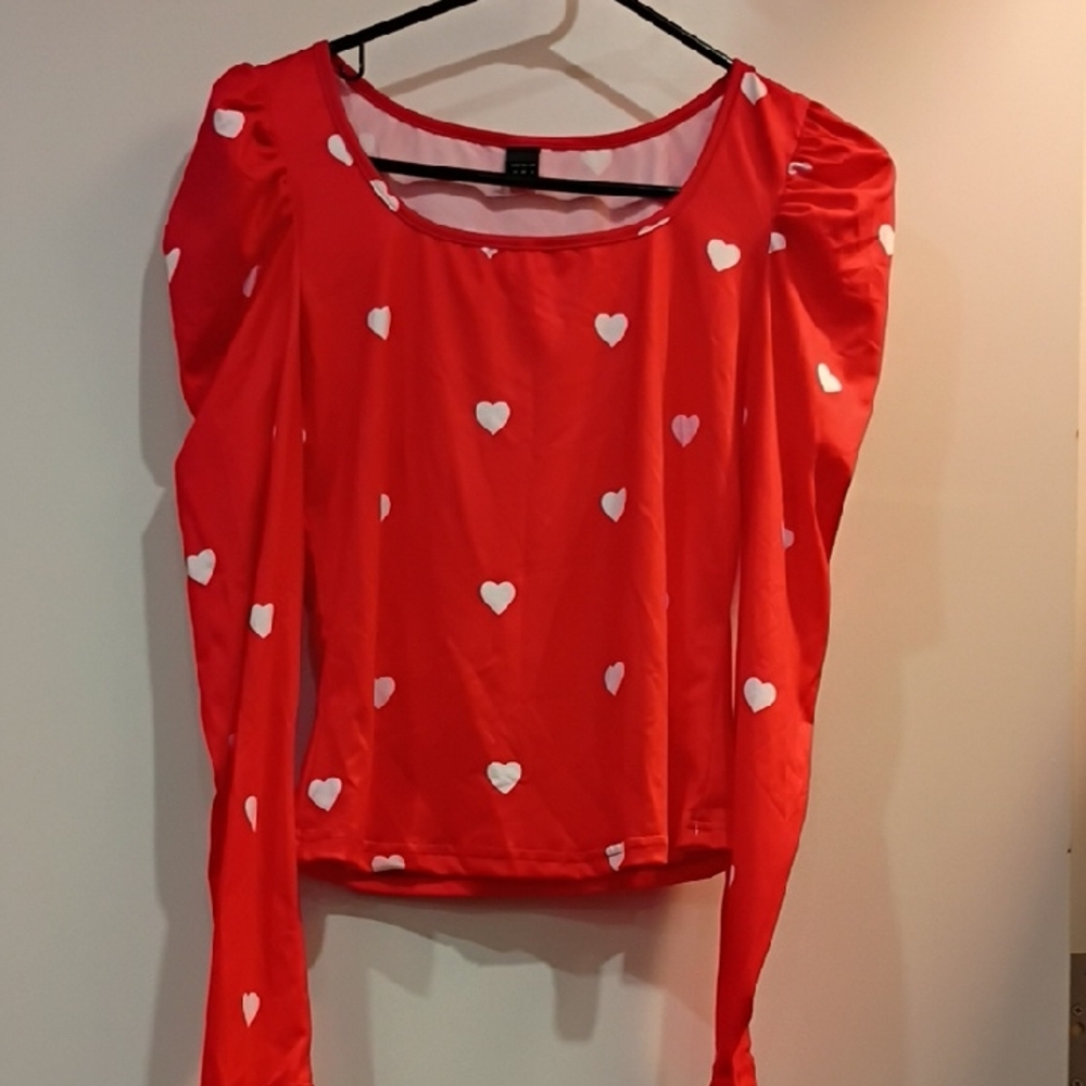SHEIN Red Blouse with White Heart Pattern